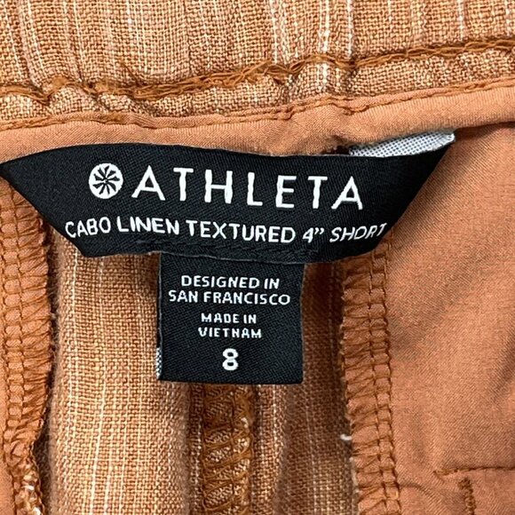 Athleta Cabo Linen Textured 4'' Shorts Women 8 Toasted Ochre Drawstring Summer - Picture 5 of 7